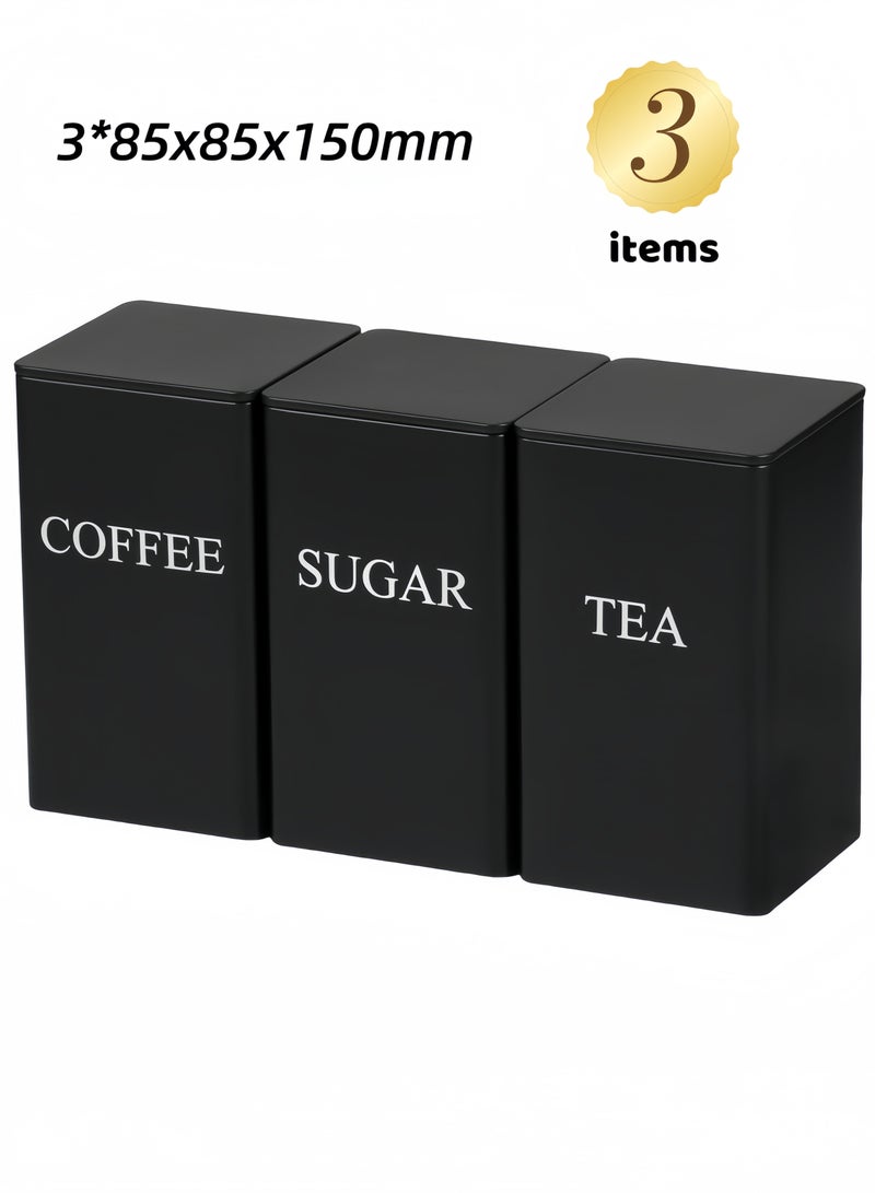 nihao علبة تخزين قهوة من الحديد 3 قطع، علبة تخزين الشاي والوجبات الخفيفة وحبوب القهوة مع غطاء، علبة عرض فنية مربعة - أسود (8.5*8.5*15.2 سم) - Image 1